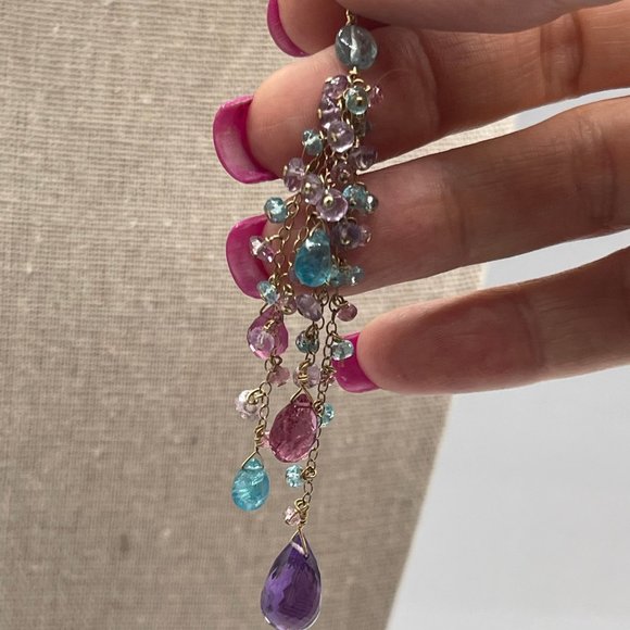 MULTI GEMSTONE TASSELED CLUSTER PENDANT NECKLACE WITH DELICATE SCROLL GOLD CHAIN